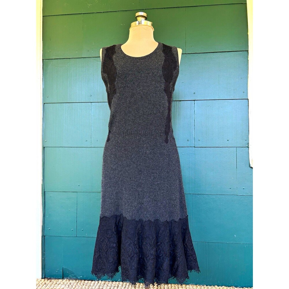 Bloomingdale's Cashmere Knit Sweater Dress Sleeveless Lace Hem Gray/Black M
